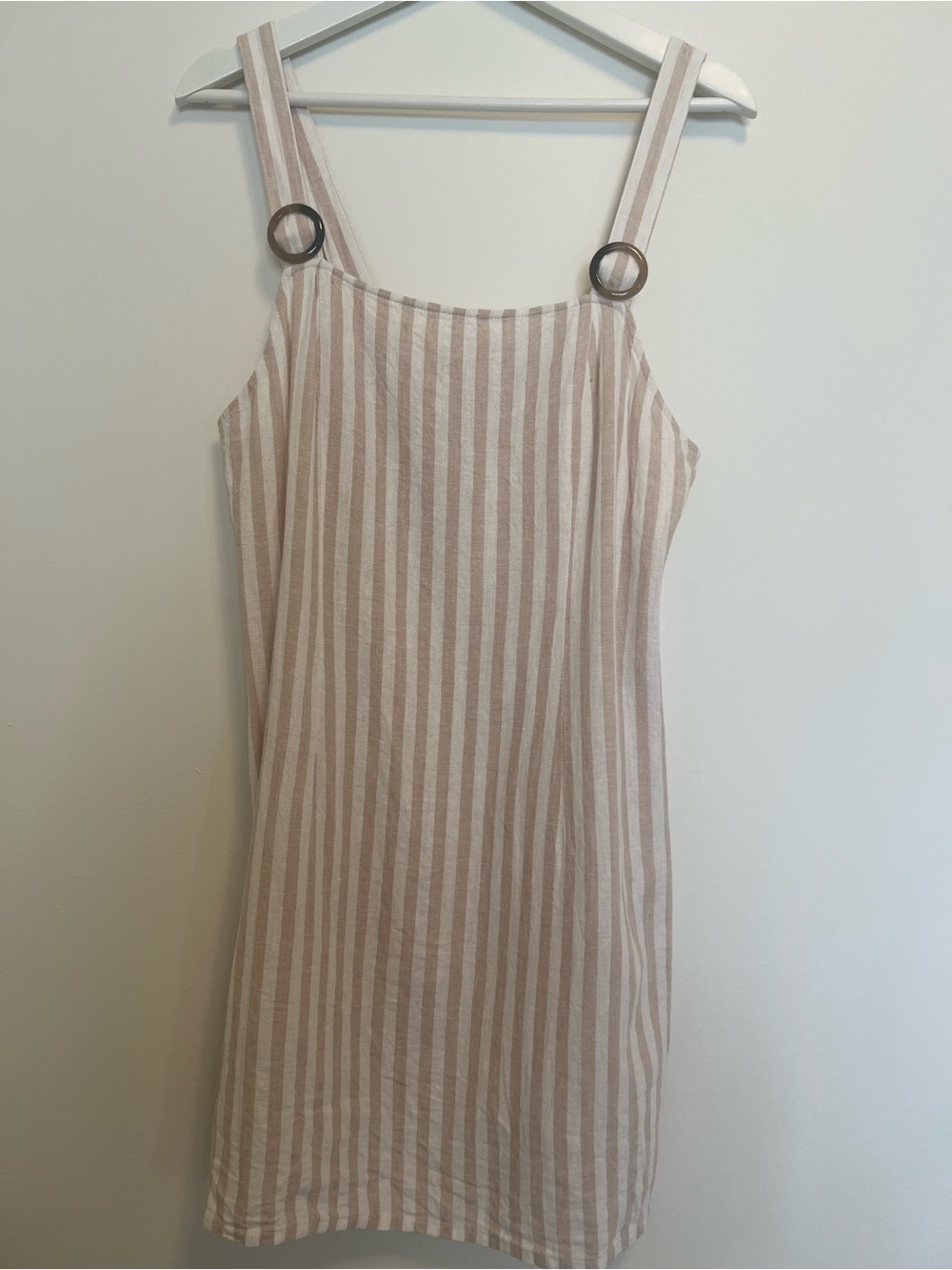 Tan White Striped O-Ring Strap Mini‎ Dress Size 10